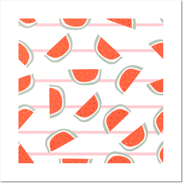 Red watermelon slice with bones design on striped pink background Wall Art by Eshka